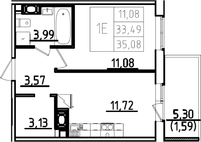 1-комнатная квартира 35.08 м², 6/9 эт., ЖК «IQ Гатчина 3»